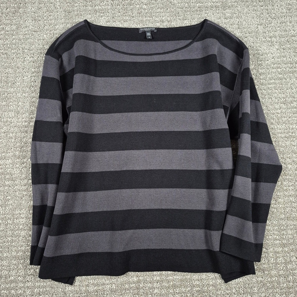 Eileen Fisher Woman 2X Sweater Black Gray Silk Organic Cotton Boxy Striped